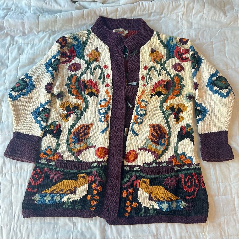 Multi-coloured vintage Cottagecore hand knit cardigan with a boho vibe